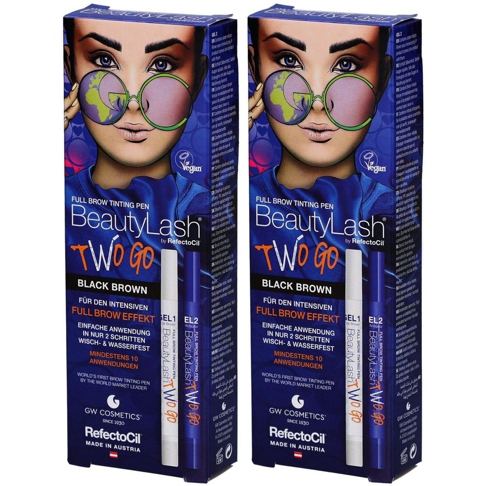 Deux stylos teintants pour sourcils BeautyLash TWO GO noir brun. Emballage avec visage de femme, lunettes et informations produit.