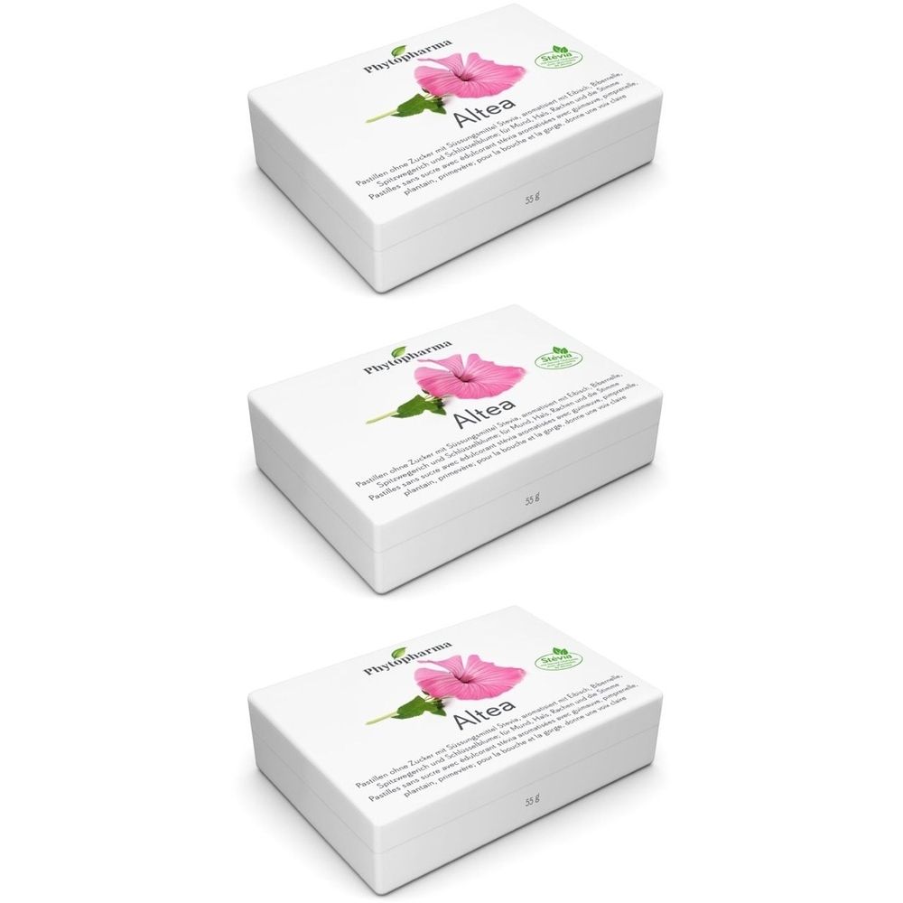 Trois boîtes blanches avec illustration de fleur rose. Inscription : Altea, Phytopharma. Texte en allemand, français. Sceau vert.