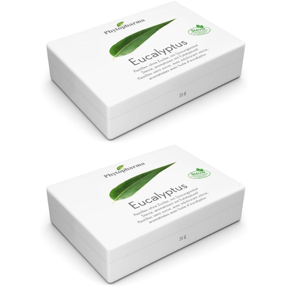 Deux boîtes blanches avec "Eucalyptus". Logo feuille et sceau Stevia. 15g.