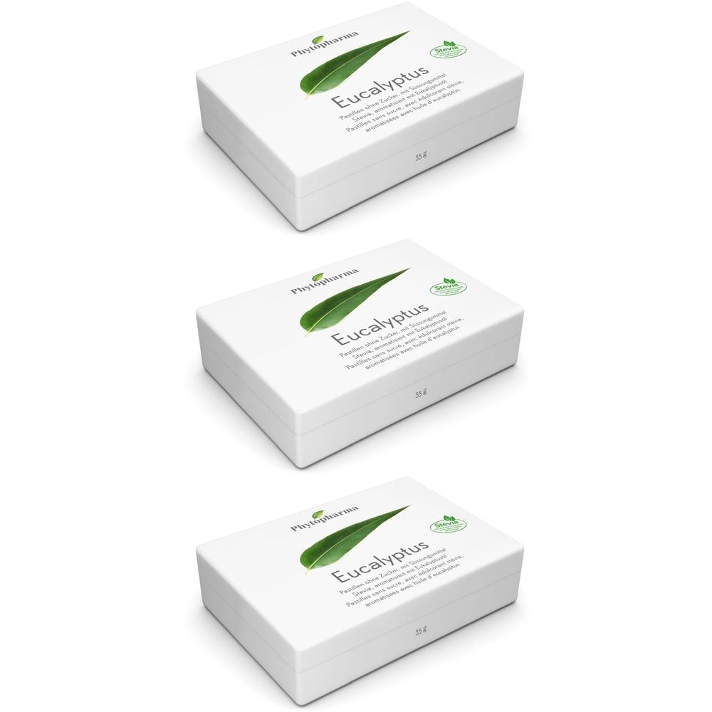 Trois boîtes blanches avec l'inscription "Eucalyptus". En haut à gauche, le logo Phytopharma avec une feuille verte.