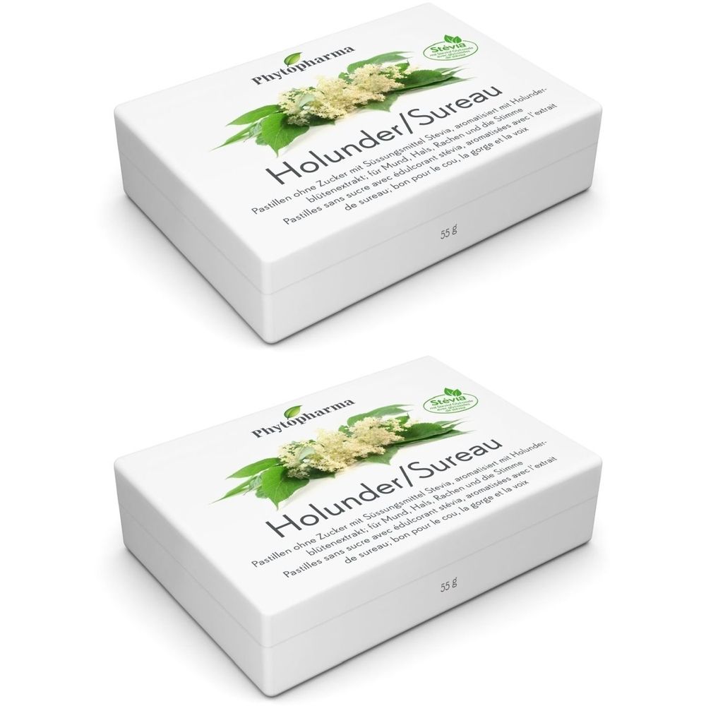 Deux boîtes blanches avec l'inscription Holunder/Sureau. Logo Phytopharma et sceau Stevia. 33g. Pastilles sans sucre.