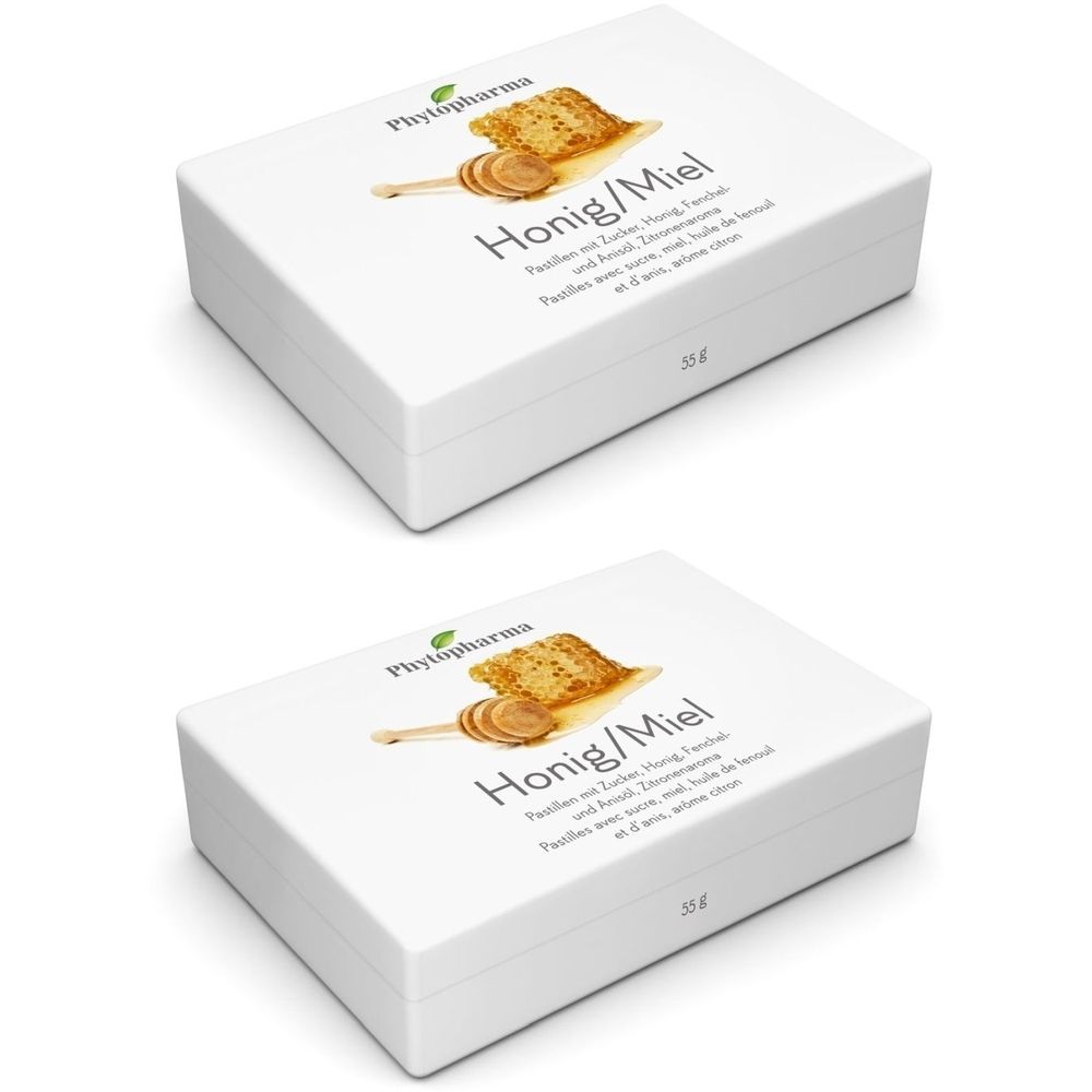 Deux boîtes blanches. Inscription Honig/Miel, logo Phytopharma. Illustration d'un rayon de miel et d'une cuillère. 33g.