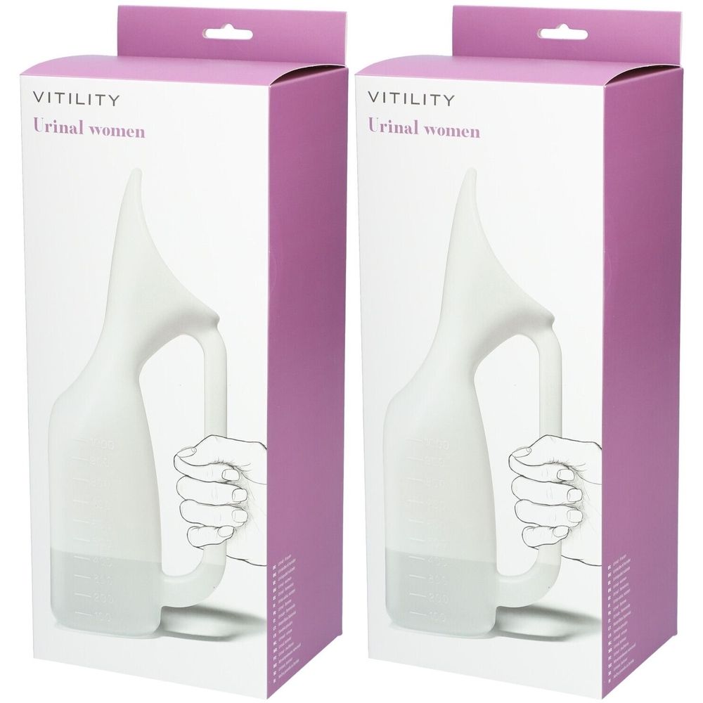 Deux boîtes de Vitility Urinal Women. Urinaux blancs avec poignée, dans des boîtes avec nom de produit. Accents violets.