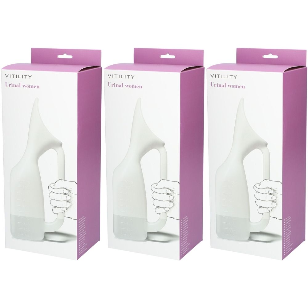 Trois boîtes de Vitility Urinal women. Le produit est blanc. L'emballage est blanc et rose, avec le nom du produit et de la marque.