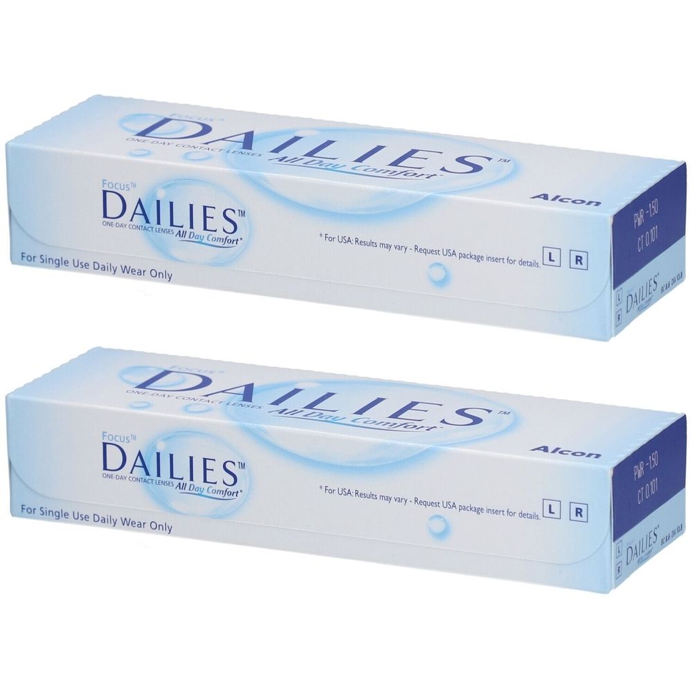 Deux boîtes de lentilles de contact FOCUS DAILIES. Emballage blanc avec texte bleu. Inscription : All Day Comfort. Alcon.