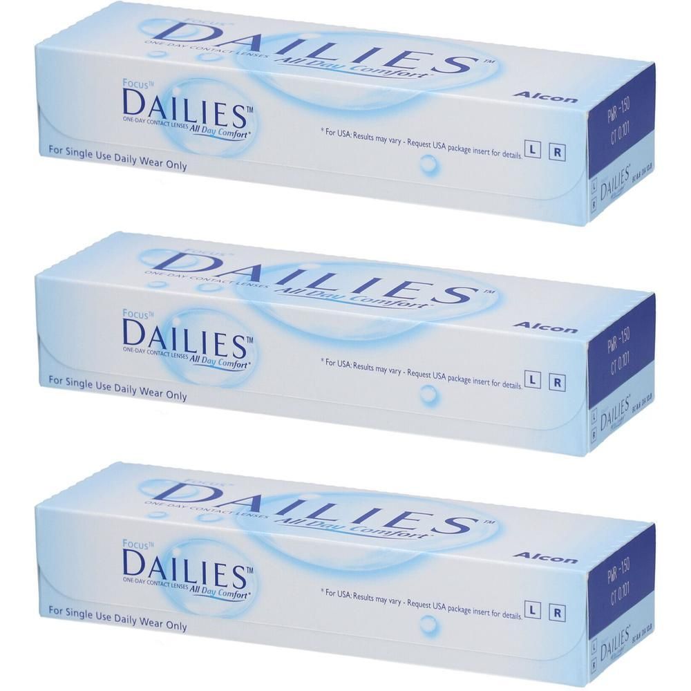 Trois boîtes de lentilles journalières FOCUS DAILIES All Day Comfort.