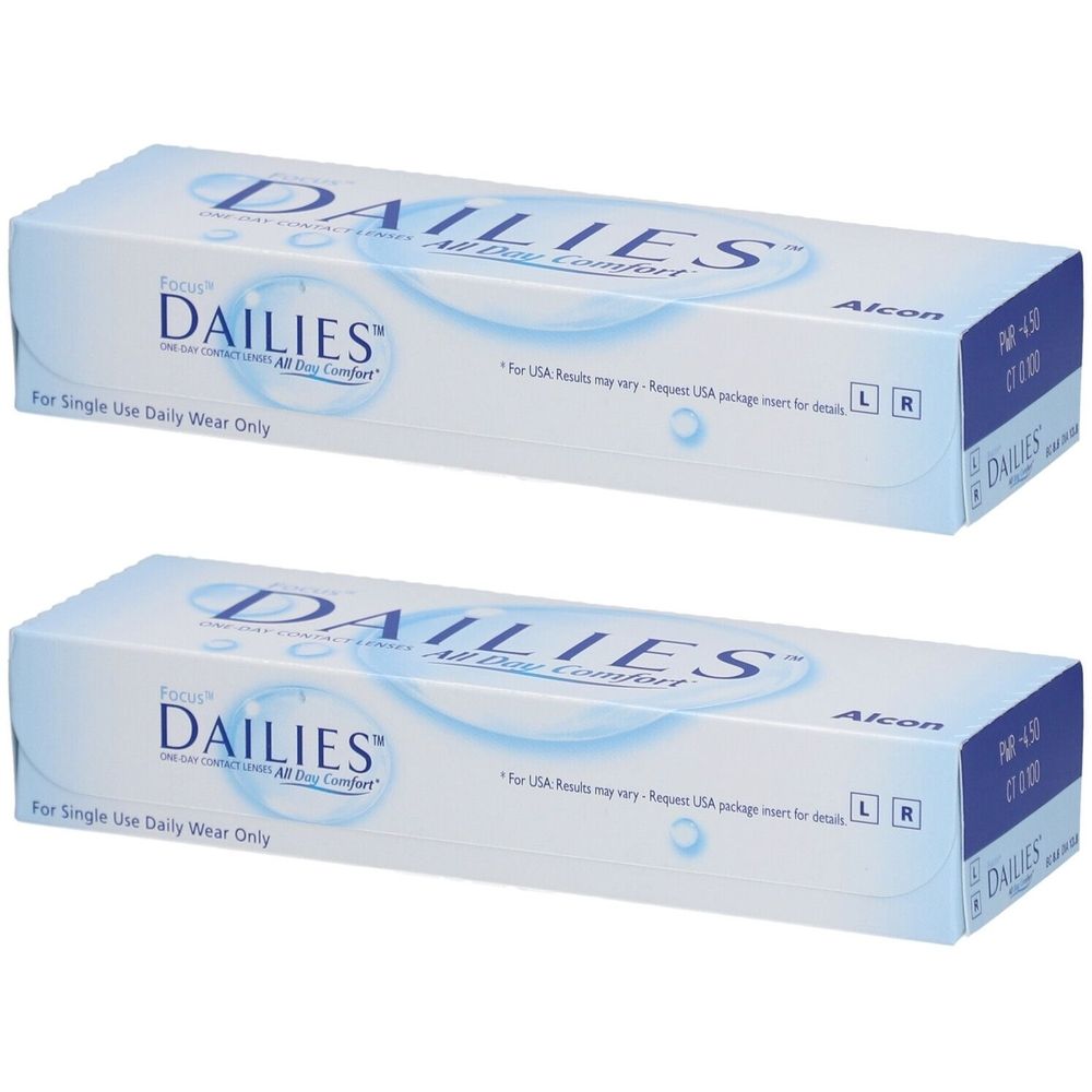Deux boîtes de lentilles de contact FOCUS DAILIES. Boîtes blanches avec texte bleu. Inscription : DAILIES All Day Comfort. Alcon.