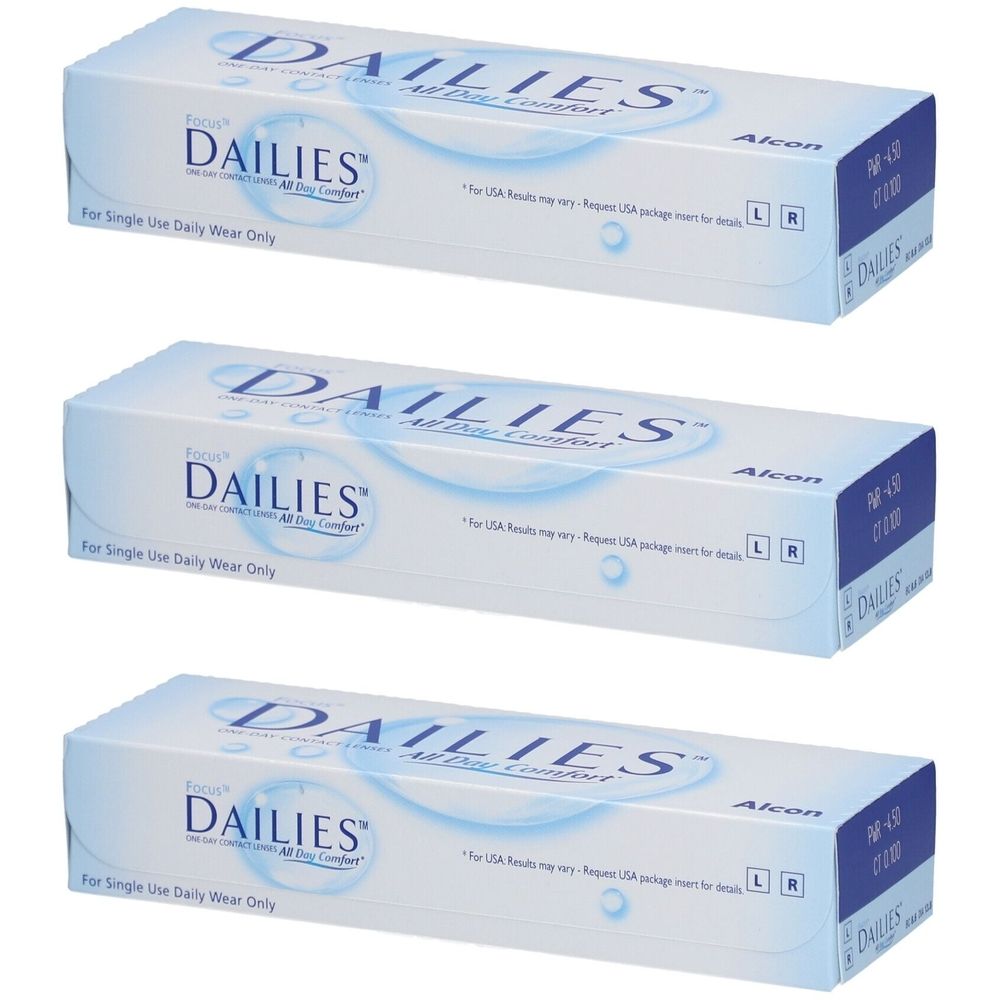 Trois boîtes FOCUS® DAILIES® All Day Comfort. Emballage bleu et blanc. Inscription DAILIES®. Pour usage quotidien.