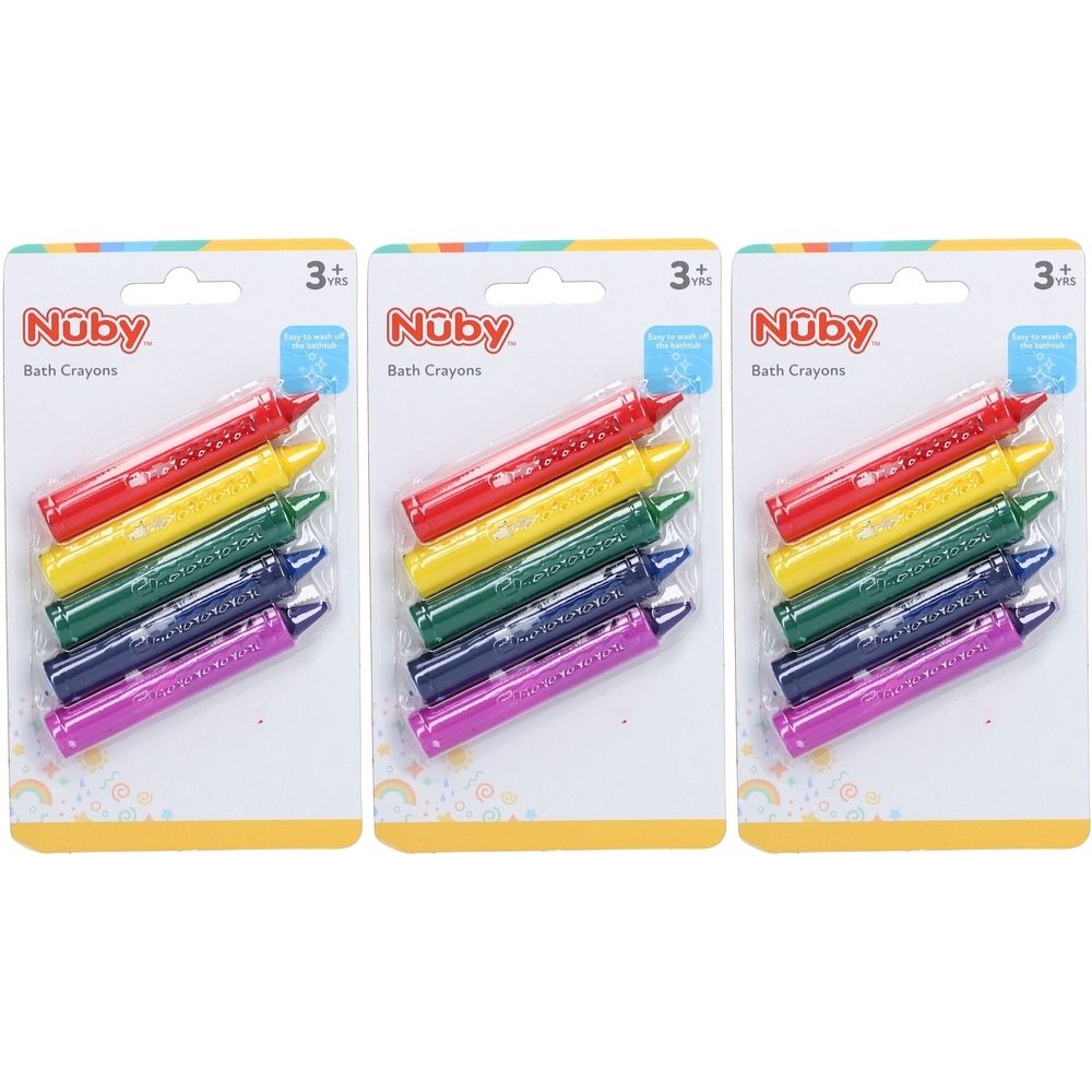 Trois paquets de crayons de bain. Chaque paquet contient six crayons rouges, jaunes, verts, bleus et violets. Marque : Nûby.