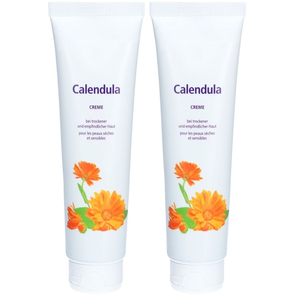 Deux tubes blancs avec l'inscription "Calendula CREME". Illustration de fleurs de calendula. Texte en allemand et français.