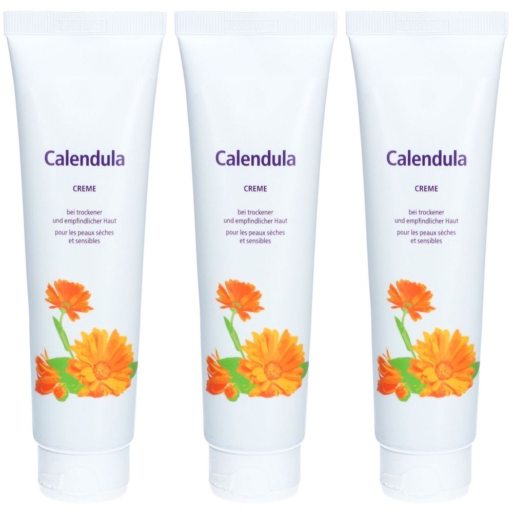 Trois tubes de crème avec l'inscription "Calendula". Chaque tube présente un dessin de calendula.