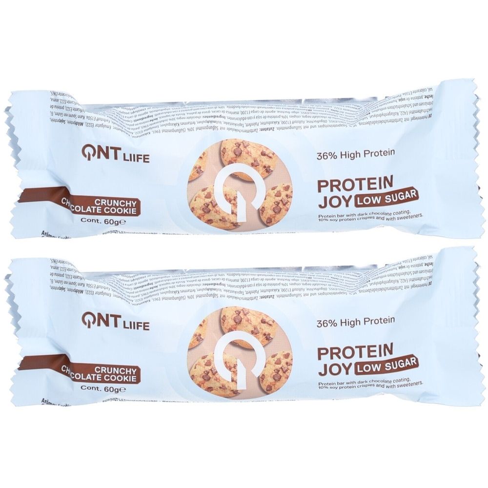 Deux barres protéinées emballées. Inscription: QNT LIife, Crunchy Chocolate Cookie, Protein Joy Low Sugar. 36% de protéines.