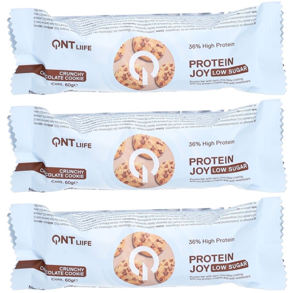 Trois barres protéinées emballées en blanc. Inscription: QNT LIFE, Crunchy Chocolate Cookie, 36% High Protein, Protein Joy Low Sugar.