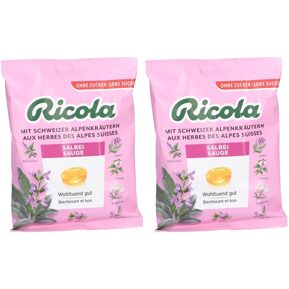 Deux sachets roses de bonbons Ricola à la sauge. Inscription : Sans sucre. Illustrations d'herbes. Texte : Salbei Sauge. Bienfaisant et bon.