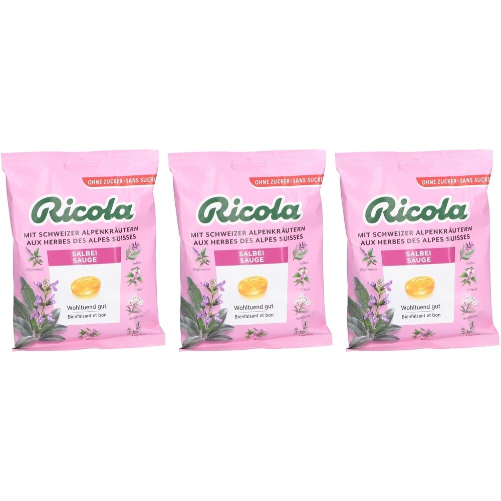 Trois sachets roses de bonbons Ricola. Inscription: Ricola, sauge, herbes. Sans sucre.