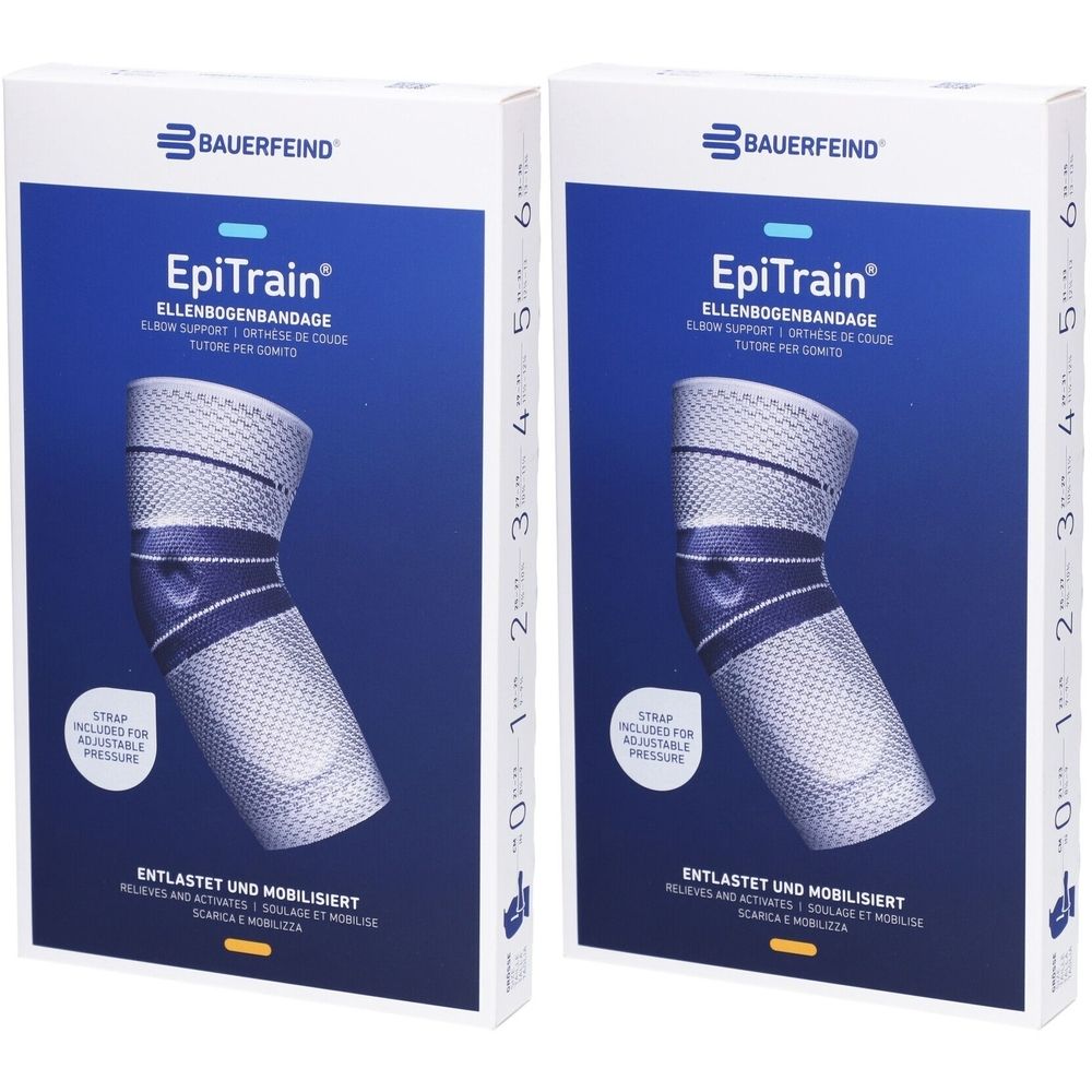 Deux boîtes de bandage de coude EpiTrain de Bauerfeind. Inscription : Soulage et mobilise. Indication de taille.