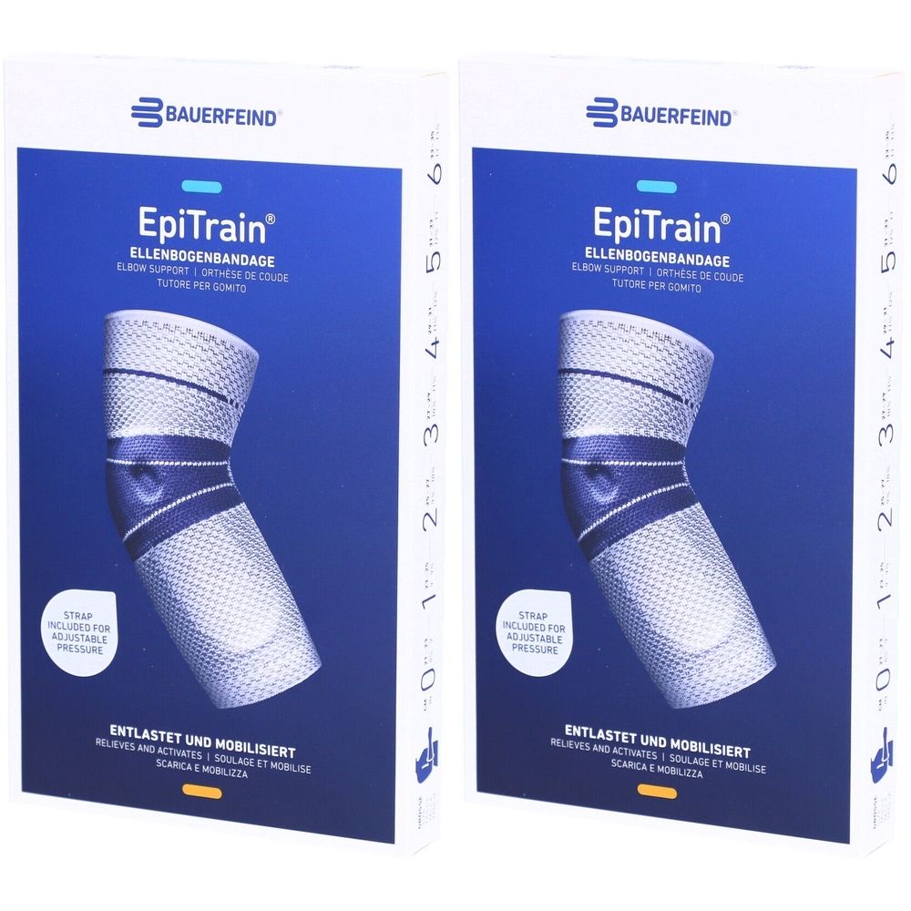 Deux boîtes de bandage de coude EpiTrain. Emballage bleu avec image du produit et texte. Marque Bauerfeind.