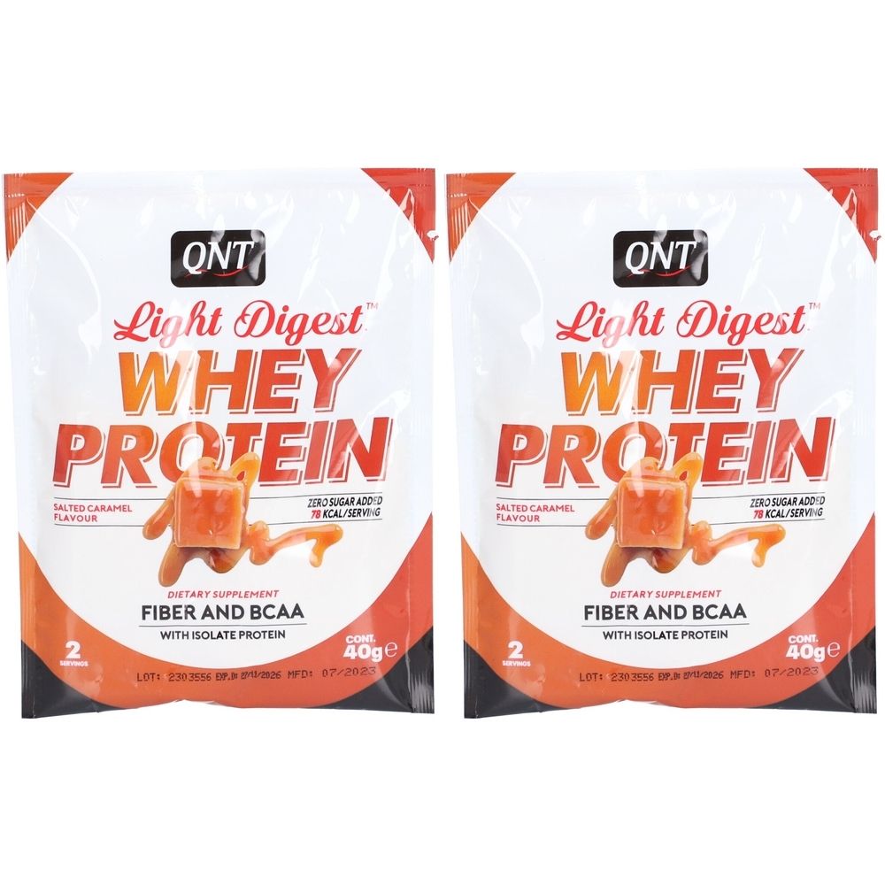 Deux sachets de QNT Light Digest Whey Protein. Inscription: Whey Protein, Salted Caramel, Fiber and BCAA. 40g.