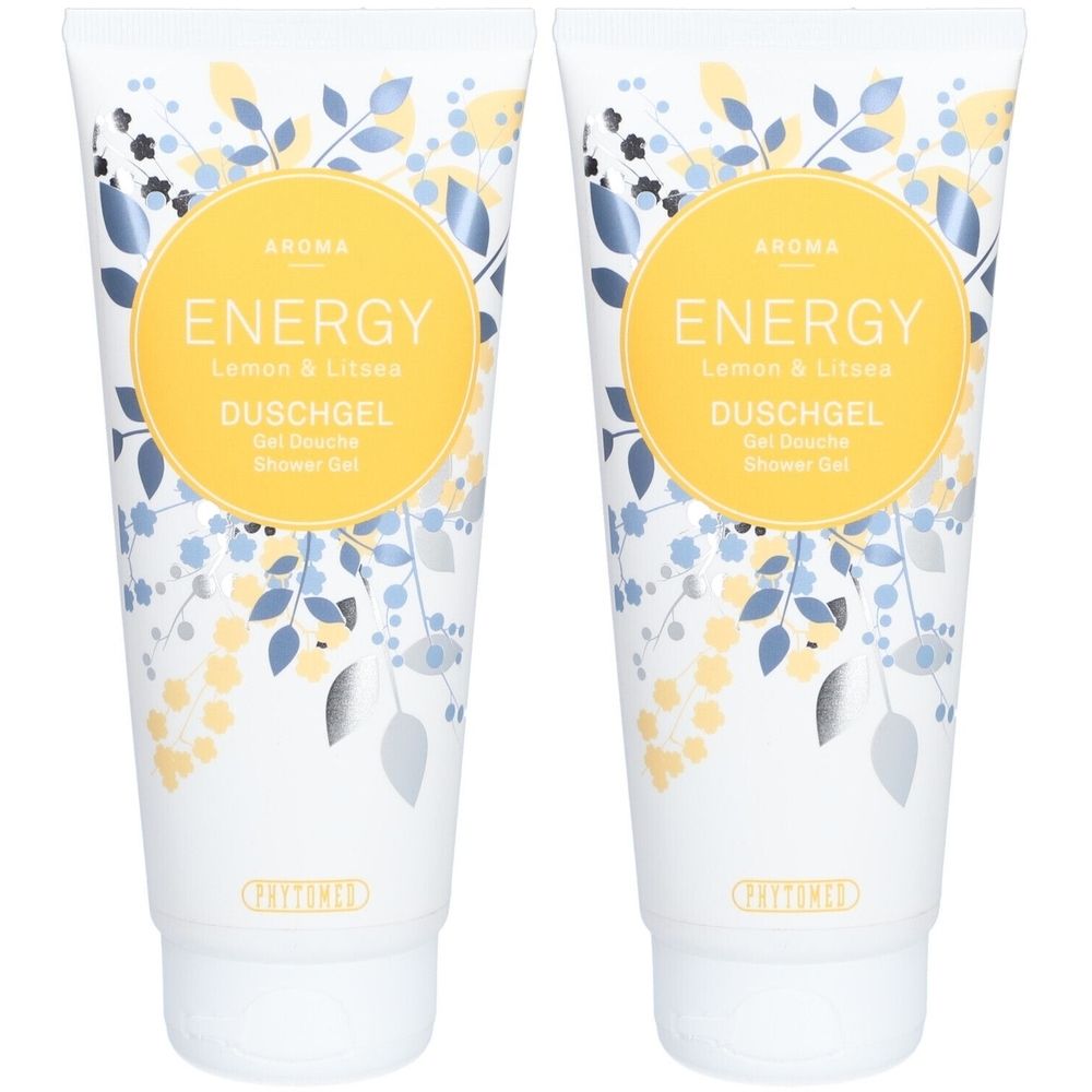 Deux tubes de gel douche. Emballage blanc avec cercle jaune et motifs floraux. Inscription: ENERGY, DUSCHGEL.