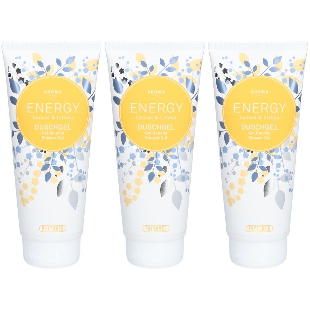 Trois tubes de gel douche. Blancs, avec cercles jaunes et motifs floraux. Texte: ENERGY, Lemon & Citron, Duschgel, Shower Gel.