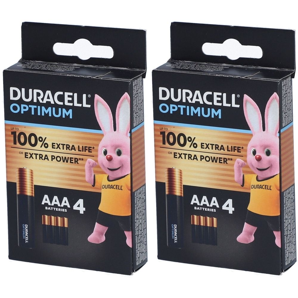 Deux boîtes de piles DURACELL OPTIMUM AAA. Emballage noir avec mascotte lapin rose. Texte : 100% EXTRA LIFE, AAA 4 BATTERIES.