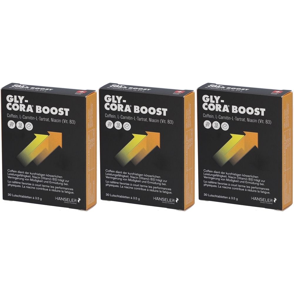 Trois boîtes de GLY-CORA BOOST. Emballage noir avec des flèches jaunes et des informations sur le produit.