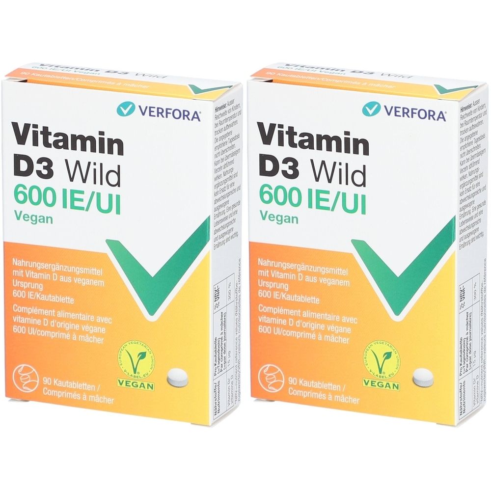 Deux boîtes de Vitamin D3 Wild. Inscription: 600 UI, Vegan. Contient 90 comprimés à mâcher. Avec label Vegan.