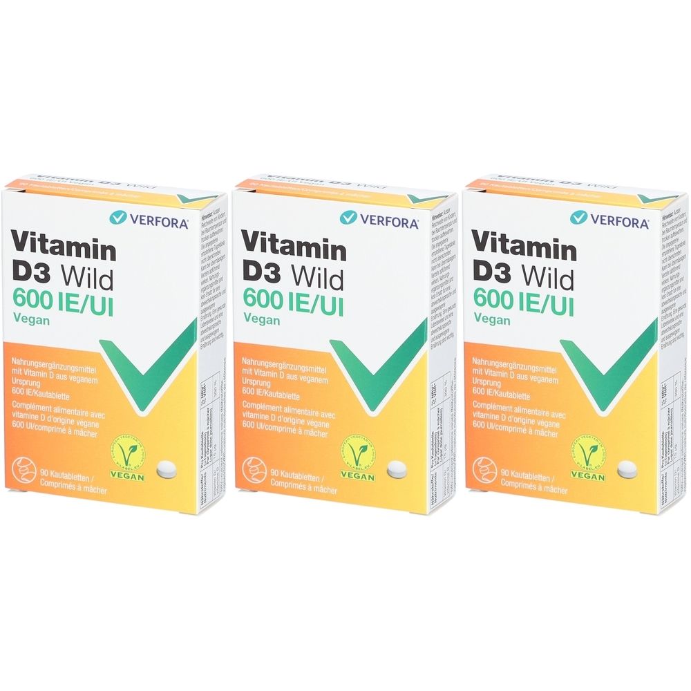 Trois boîtes de Vitamin D3 Wild, 600 UI/IE, vegan. Boîtes blanches avec éléments verts et jaunes. Texte : VERFORA, VEGAN.