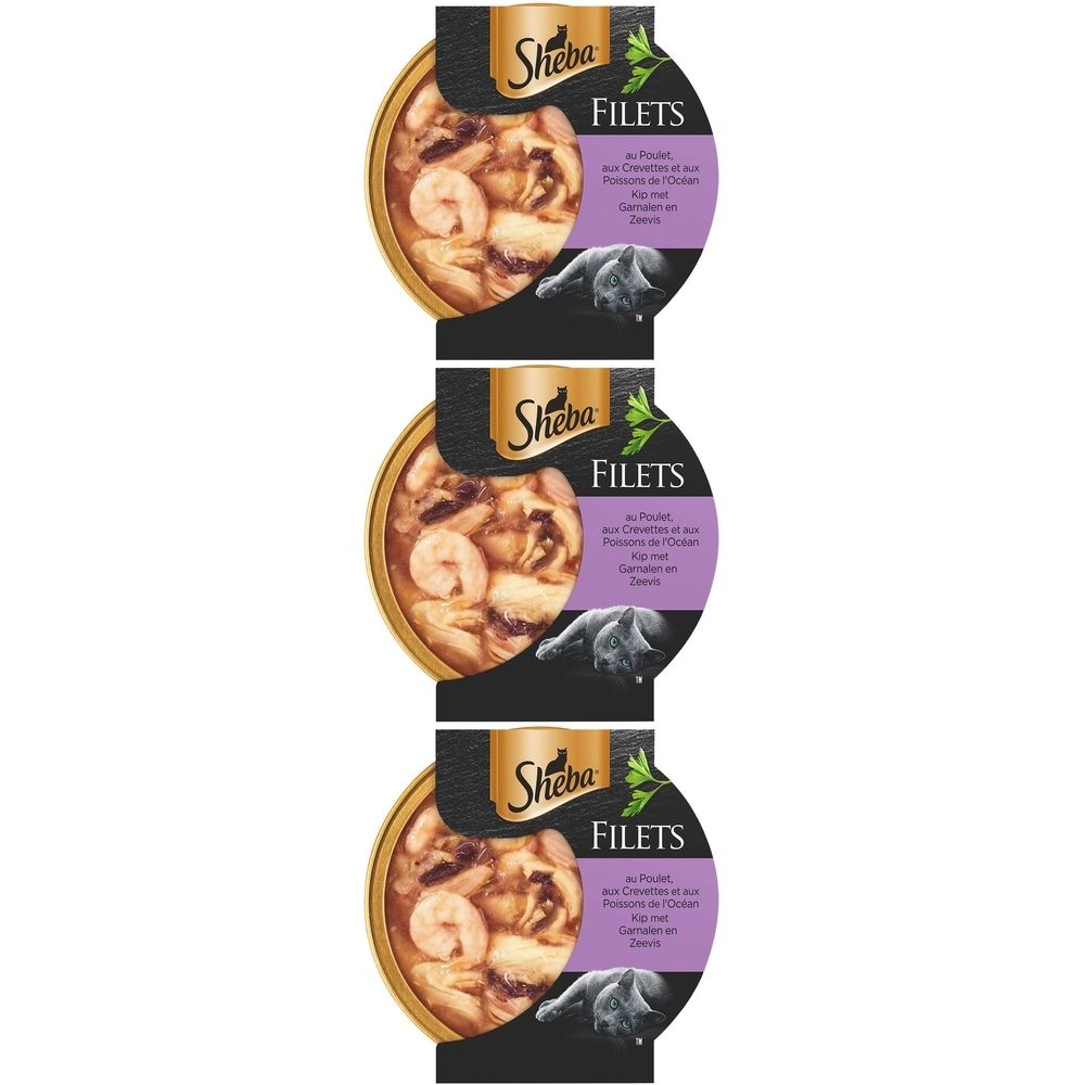 Trois paquets de Sheba Filets. Bols ronds avec nourriture pour chats, crevettes et poisson de mer. Étiquette violette avec informations.