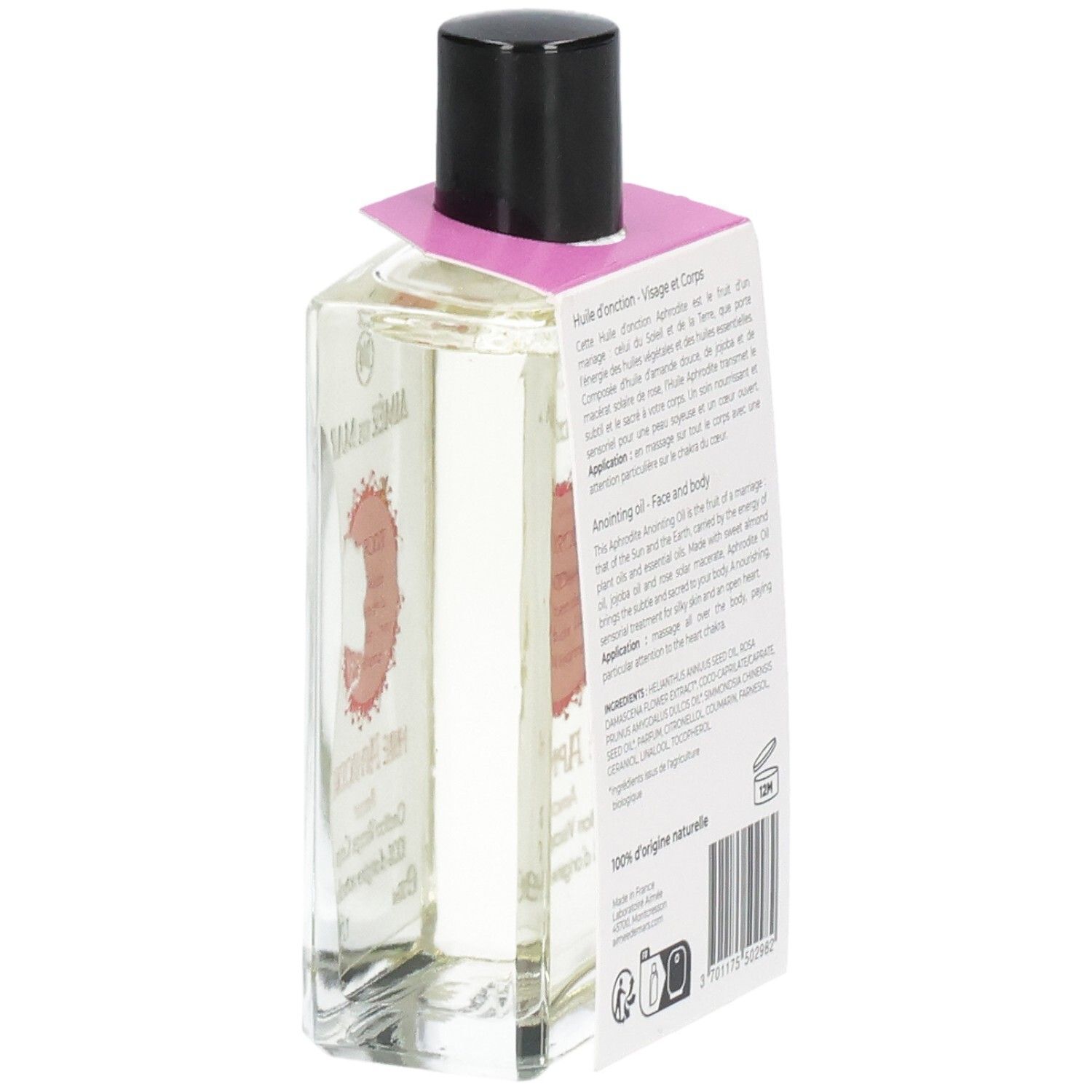 Flacon en verre avec liquide clair, bouchon noir et étiquette rose. Dos avec texte et code-barres.