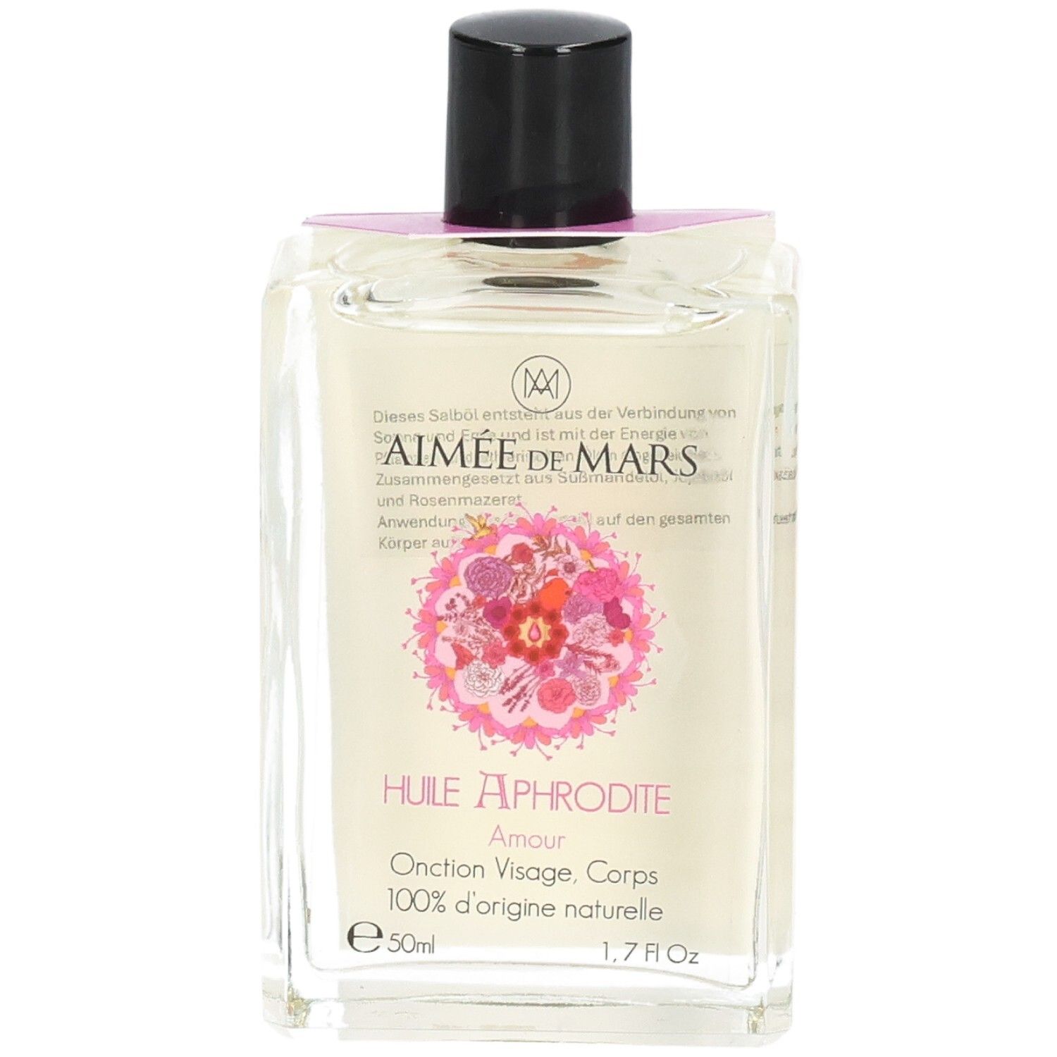 Flacon en verre avec liquide clair, bouchon noir et étiquette rose. Motif floral et texte sur l'étiquette.