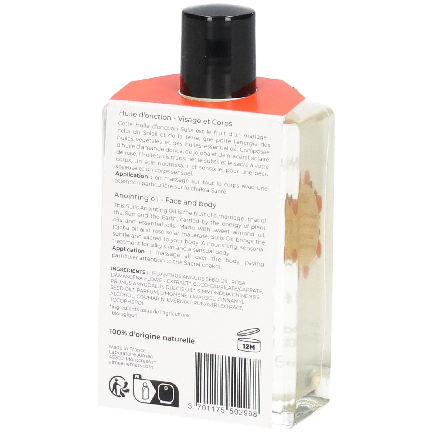 Flacon en verre avec bouchon noir. Dos avec texte et ingrédients. Origine 100% naturelle.