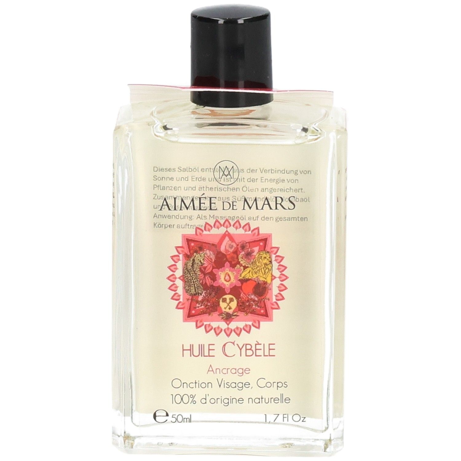 Flacon carré en verre avec bouchon noir. Huile Cybèle, 100% d'origine naturelle. 50ml, 1.7 fl Oz.