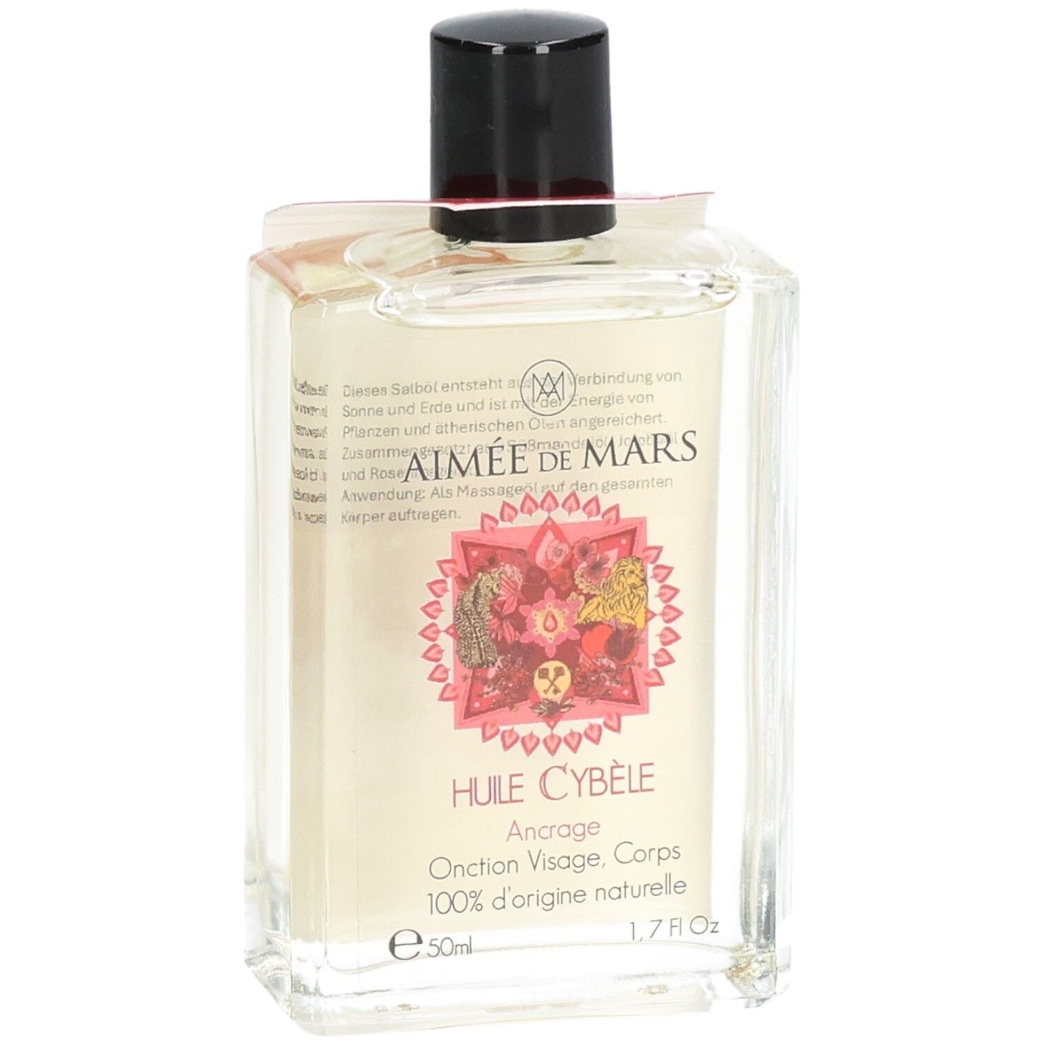 Flacon en verre avec bouchon noir et étiquette. Huile Cybèle, 100% d'origine naturelle. 50ml, 1.7 fl Oz.