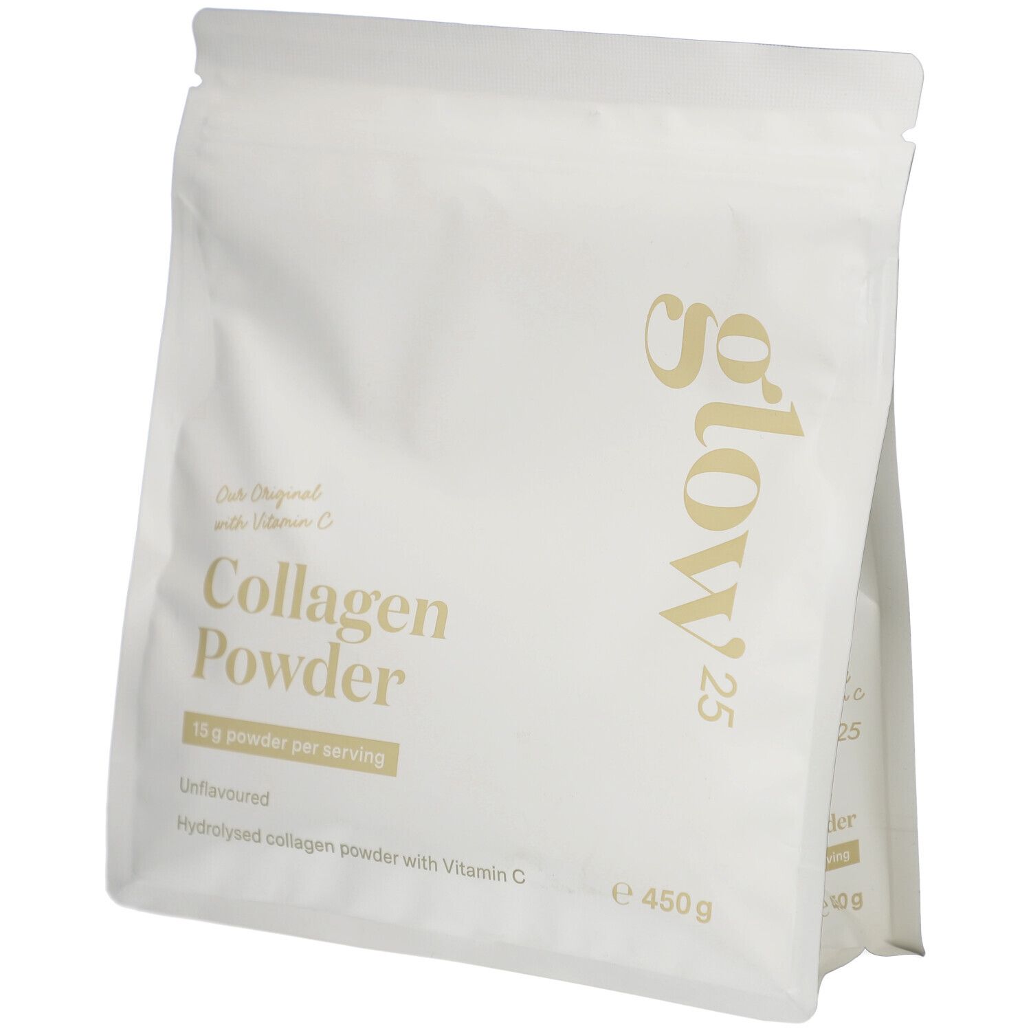 Sachet de Glow25 Collagen Powder. Blanc, texte doré. Contient de l'hydrolysat de collagène avec de la vitamine C. 450g.