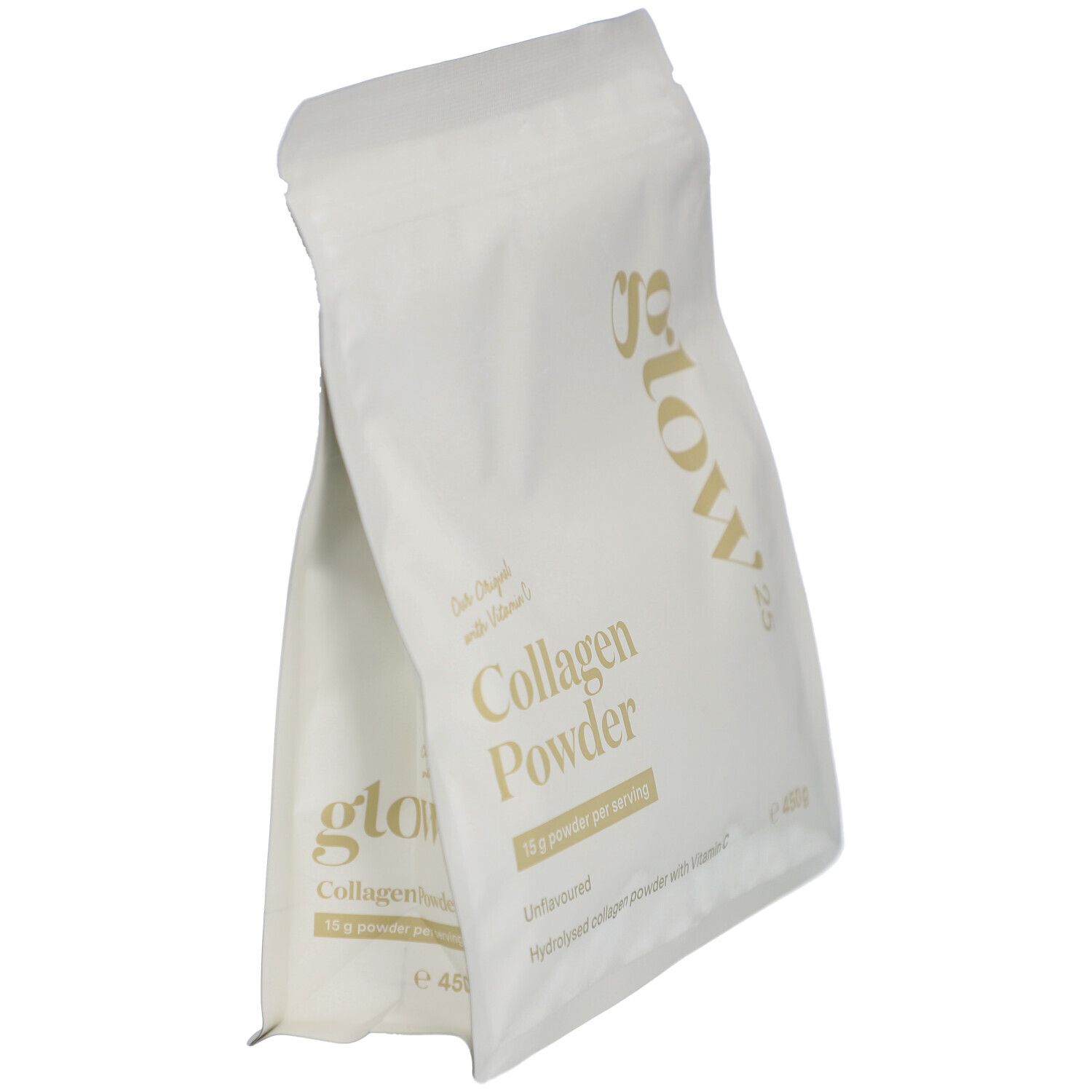 Deux sachets de Glow25 Collagen Powder. Blanc, texte doré. Hydrolysat de collagène avec vitamine C. 450g.