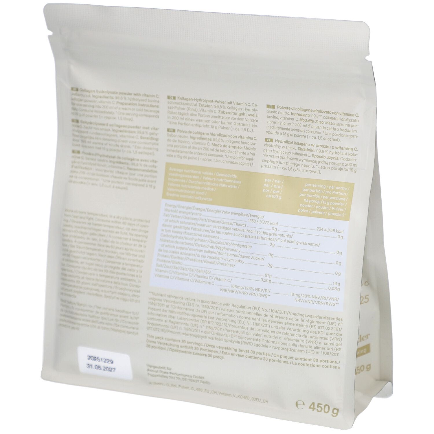 Dos d'un sachet de Glow25 Collagen Powder. Contient des informations sur les ingrédients et la valeur nutritionnelle. 450g.