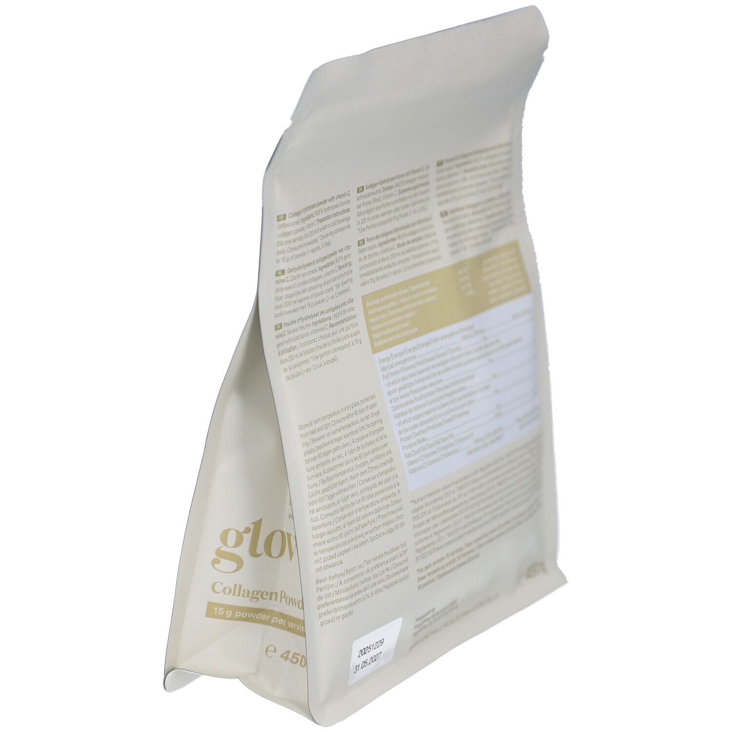 Vue latérale d'un sachet de Glow25 Collagen Powder. Contient des informations sur les ingrédients et la valeur nutritionnelle. 450g.