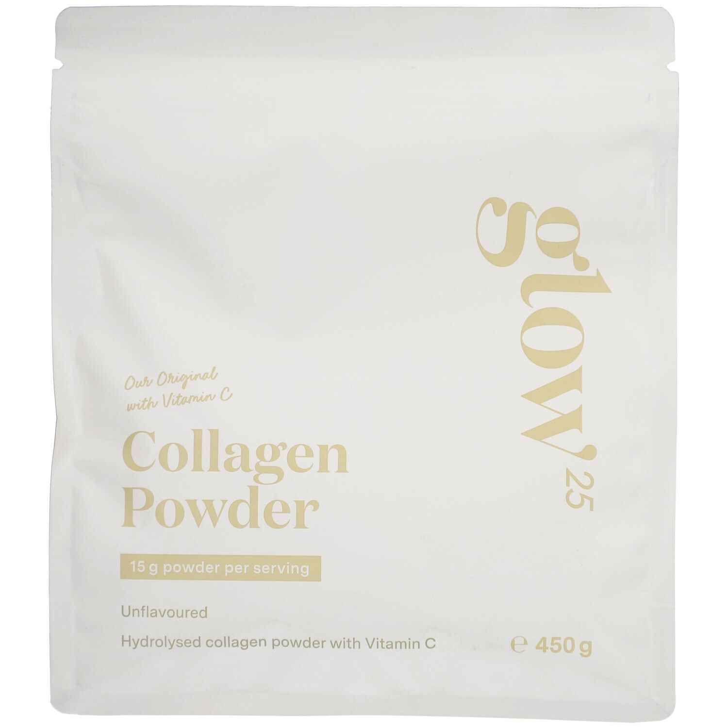 Sachet de Glow25 Collagen Powder. Blanc, texte doré. Contient de l'hydrolysat de collagène avec de la vitamine C. 450g.