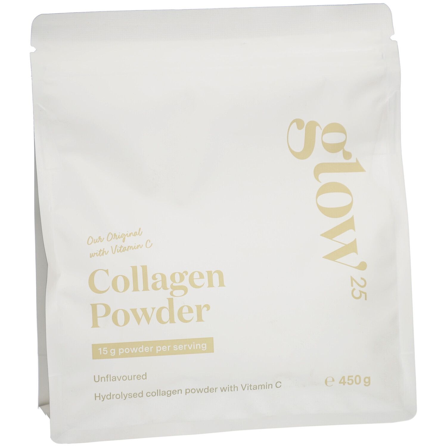 Sachet de Glow25 Collagen Powder. Blanc, texte doré. Contient de l'hydrolysat de collagène avec de la vitamine C. 450g.