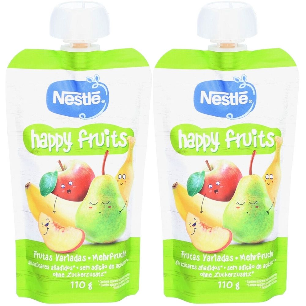 Deux gourdes Nestlé Happy Fruits. Illustration de fruits. Texte: Frutas Variadas, Mehrfrucht, sans sucre ajouté, 110g.
