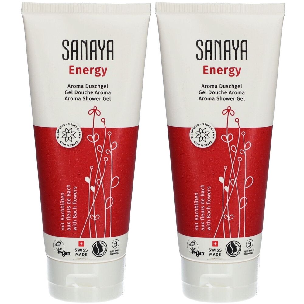 Deux tubes de gel douche SANAYA Energy. Emballage blanc et rouge avec motif floral. Texte : Aroma Duschgel, fleurs de Bach, Swiss Made.