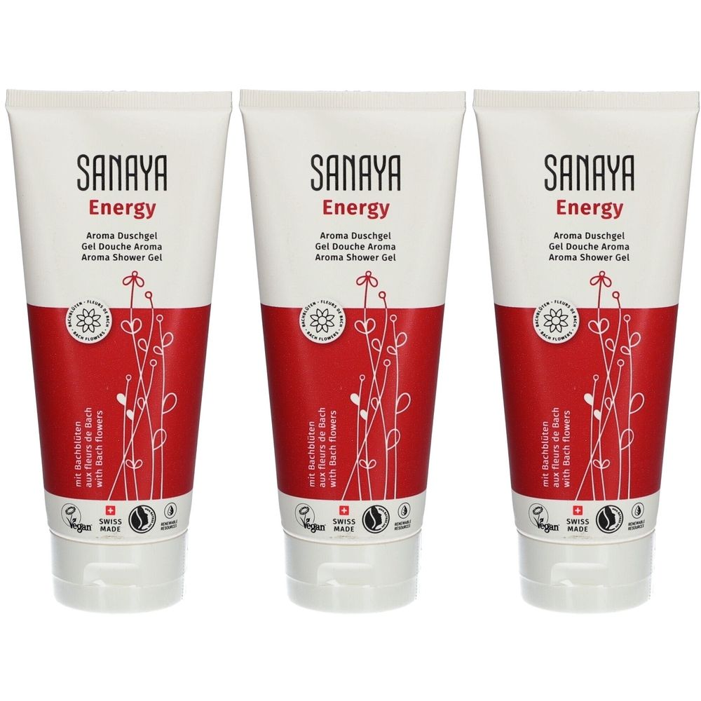 Trois tubes de gel douche SANAYA Energy. Emballage blanc et rouge avec motifs floraux et noms de produits. Vegan et Swiss Made.