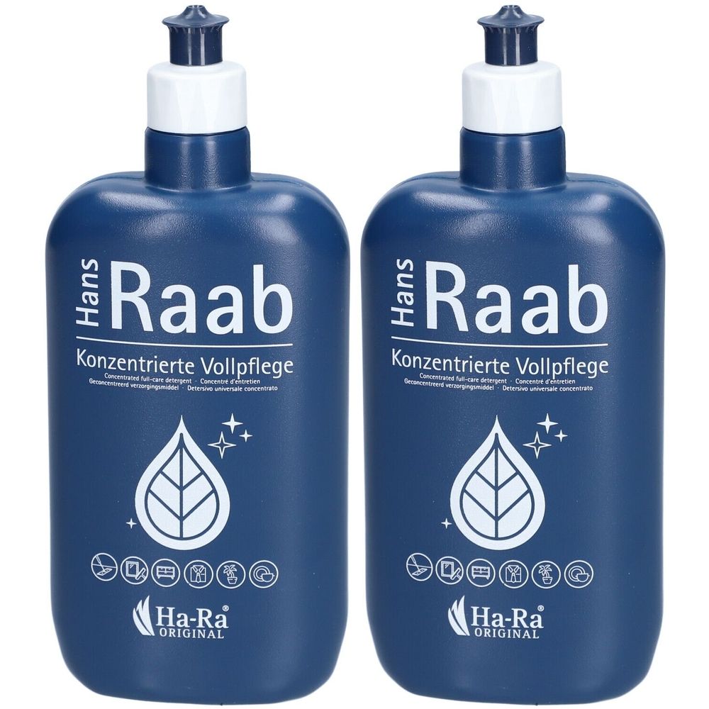 Deux flacons bleus avec bouchons blancs. Inscription: Hans Raab, Konzentrierte Vollpflege, Ha-Ra Original. Symbole goutte et feuille.