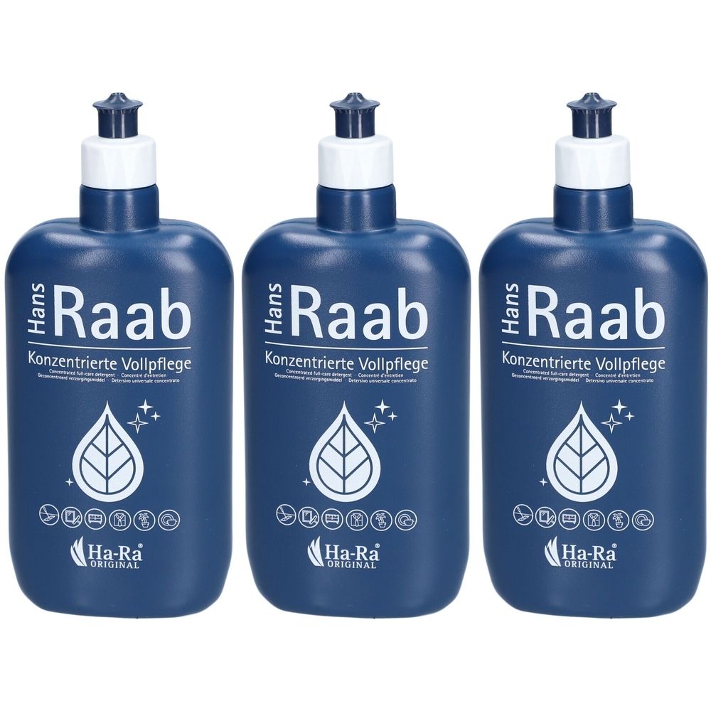 Trois flacons bleus avec bouchons blancs. Inscription: Hans Raab, Konzentrierte Vollpflege, Ha-Ra Original. Symbole feuille et étoile.
