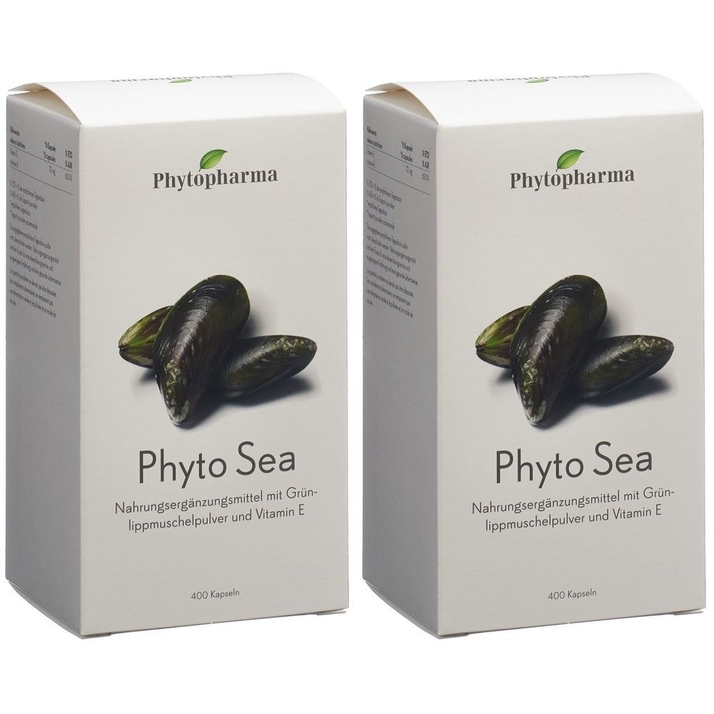 Deux boîtes blanches avec image produit et texte "Phyto Sea". Contient un complément alimentaire.