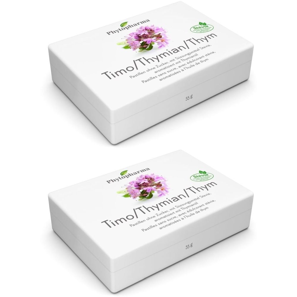 Deux boîtes blanches avec l'inscription Timo/Thymian/Thym. Logo Phytopharma et sceau Stevia. 15g.