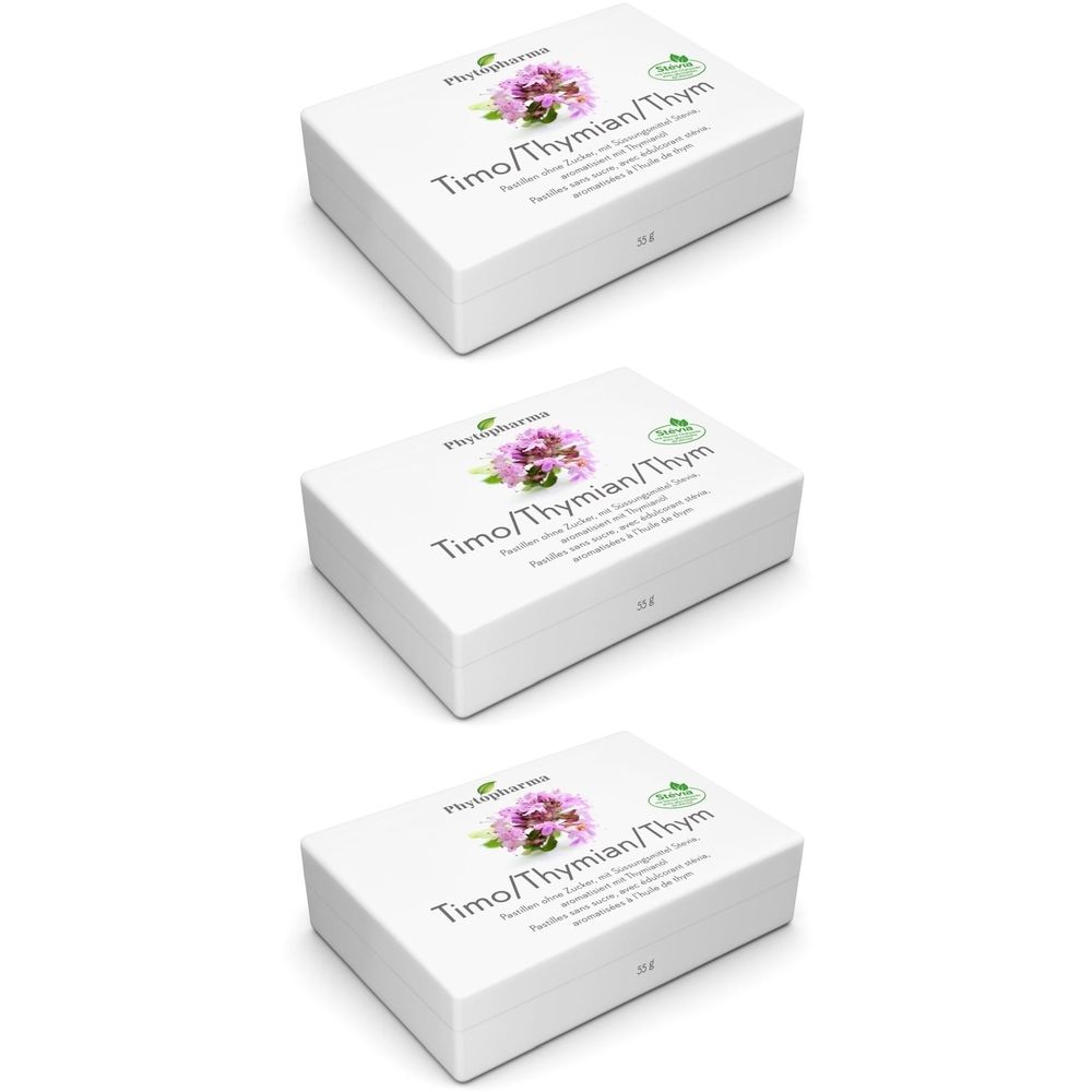 Trois boîtes blanches avec impression du produit. Inscription : Timo/Thymian/Thym. Logo et motif floral. Sceau vert.