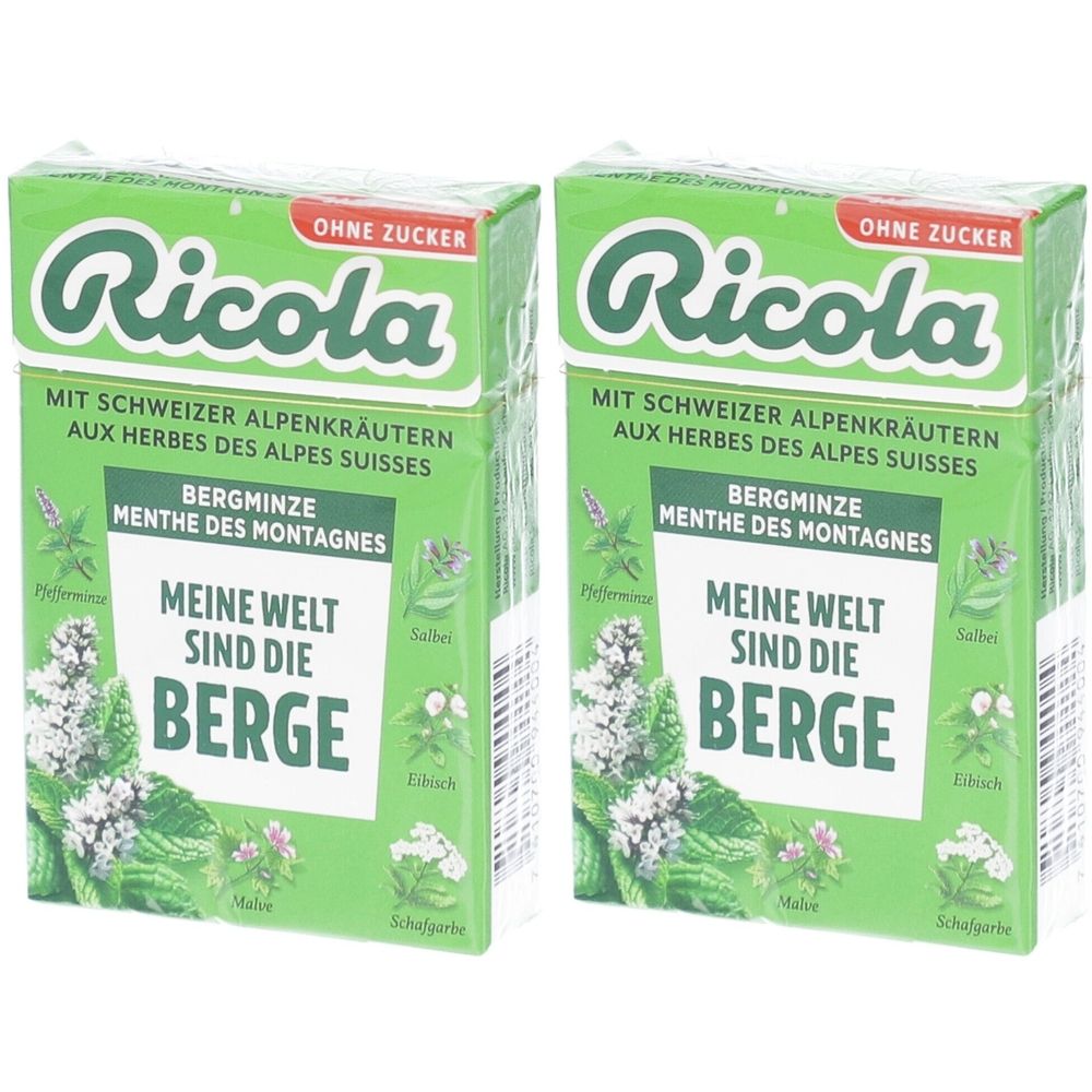 Deux boîtes vertes avec le logo "Ricola" et du texte. Inscription : "Bergminze", "Ohne Zucker". Illustrations d'herbes.