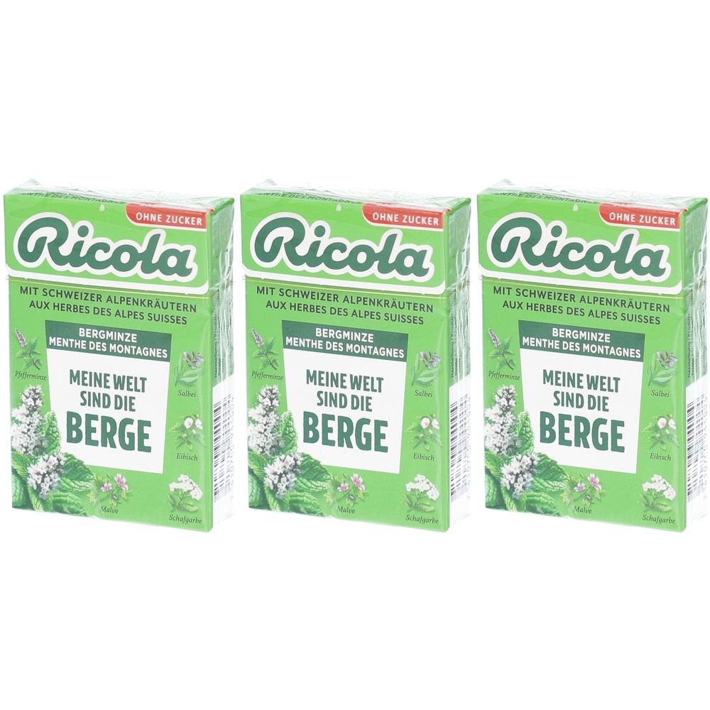 Trois boîtes vertes Ricola. Inscription : Bergminze, sans sucre. Texte : Meine Welt sind die Berge.